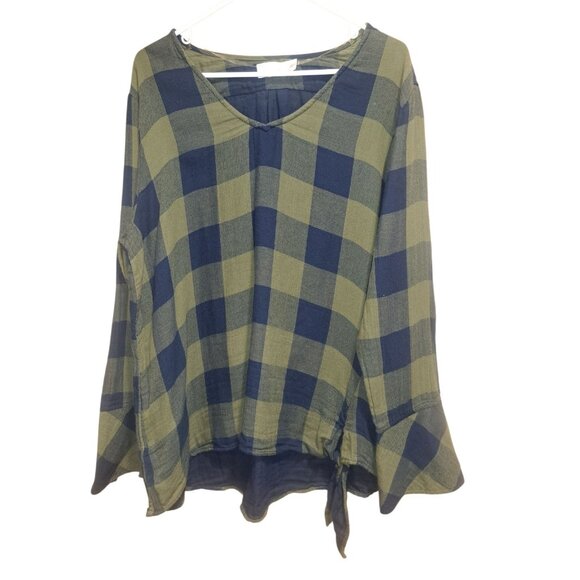 Time & Tru Womens Blouse XXL Olive Branch Plaid Tie Front Long Sleeve 100 Cotton - Picture 1 of 9